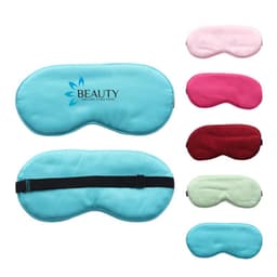 A satin sleep eye mask available in turquoise, pink, red, and green, featuring a logo.