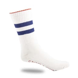 A pair of white striped tube crew socks featuring navy blue stripes and an orange top band. The socks have a logo.