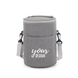 A grey insulated round portable bento bag with a shoulder strap and a front pocket. It has a logo.
