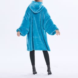 A flannel hoodie in bright blue, oversized with a hood and large sleeves, worn by a person from behind.