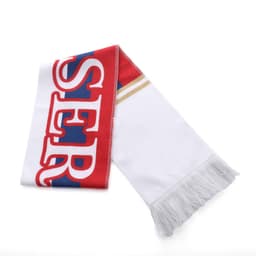 A red and white scarf with blue accents and fringed ends, featuring a logo.
