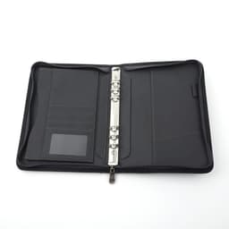 A black portable zippered padfolio with various pockets and a ring binder system, featuring a logo.