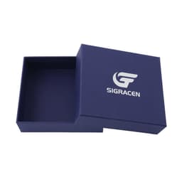 A custom cardboard jewellery gift box in navy blue, featuring a logo on the lid, displayed open.