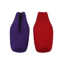 A drink bottle sleeve set in purple and red neoprene, featuring zippers for easy access. It has branding on the surface.