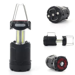 A portable camping light in black with a clear casing and red LED accents, featuring a hanging handle and multiple views.