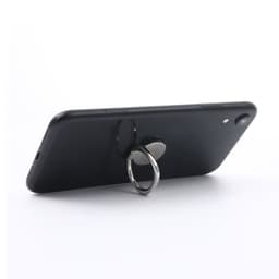A black phone with a silver custom ring holder attached to the back, designed for better grip and support.