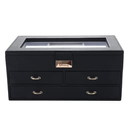 A black, three-layer jewellery box with a transparent top and three drawers, featuring metal handles.