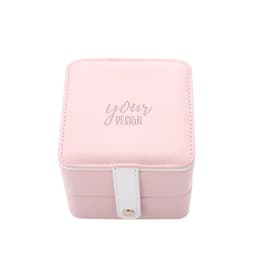 A square, pink mini jewelry box with a white clasp and a logo on the lid.