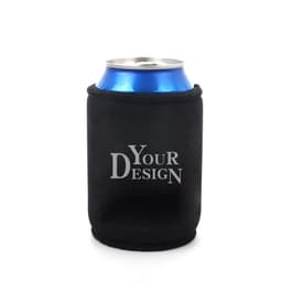 A drink bottle cooler in black neoprene, featuring a blue can and a placeholder for custom design.