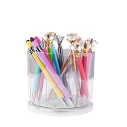 A transparent rotating pen holder containing various colourful pens, some with diamond-shaped tops.