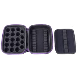 A purple EVA essential oil bottle storage case with compartments for bottles and elastic straps for organisation.