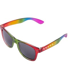 Rainbow sunglasses with a gradient frame featuring green, red, and pink hues, and dark lenses. Includes branding on the side.