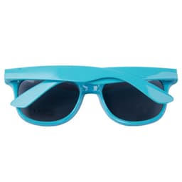 A pair of custom imprinted sunglasses in a vibrant turquoise colour with dark lenses and a logo.