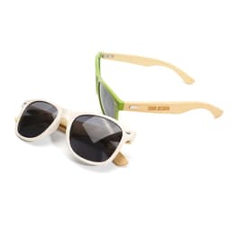 Two pairs of sunglasses, one with bamboo temples and green accents, the other with cream frames and dark lenses.