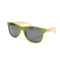 Sunglasses with green frames and bamboo temples, featuring dark grey lenses and a logo on the side.