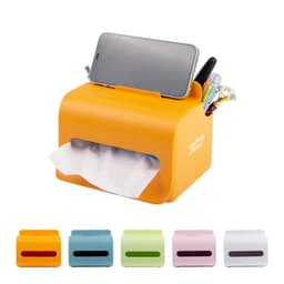 An orange multifunctional tissue box with a slot for a phone and compartments for pens, alongside four additional colour options.