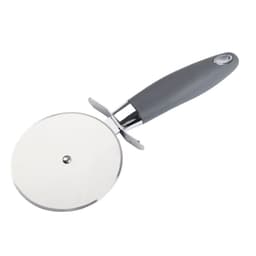 A pizza cutter with a silver circular blade and a grey ergonomic handle, featuring a logo on the handle.