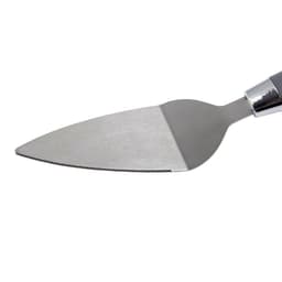 A stainless steel pizza server with a serrated edge and a metallic handle. It has a shiny finish.