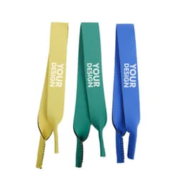 Three elastic eyeglass straps in yellow, green, and blue, featuring a space for custom design.