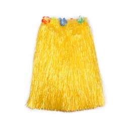 A bright yellow Hawaiian grass skirt adorned with colourful floral decorations at the waistband.