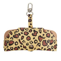 A portable glasses pouch in yellow with a leopard print design, featuring a carabiner for easy attachment.