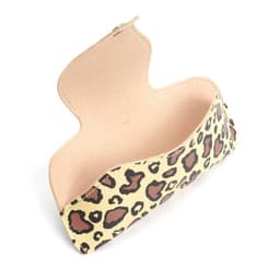 A leopard print portable glasses pouch with a carabiner, featuring a tan interior and soft texture.