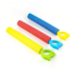 Three colourful EVA water blasters in blue, red, and yellow, each featuring a scoop handle.
