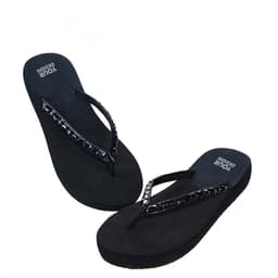 A pair of black Slim Rock flip flops featuring decorative straps and a logo on the footbed.