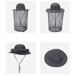 A grey fisherman hat with a detachable mesh mask, featuring a wide brim and adjustable chin strap.