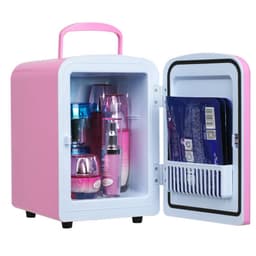 A pink and white mini fridge with various bottles and containers inside, including skincare products, and a small compartment.