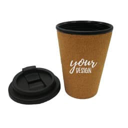 A reusable coffee cup with a cork cover and black lid, featuring a customizable design area.