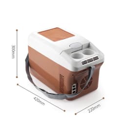 A brown and white 15L mini portable car refrigerator with a shoulder strap and drink holders on top.