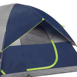 A two-person camping dome tent in navy blue and grey with bright green accents and a mesh window.