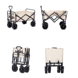 A collapsible camping trolley in black and cream, featuring a sturdy frame and four wheels for easy transport.