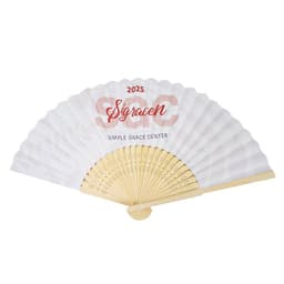 A custom printed fan with a white fabric surface and a wooden handle, featuring a logo and decorative text.