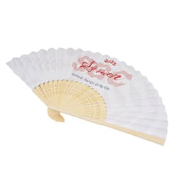 A custom printed fan featuring a white design with a wooden handle. It includes a logo and decorative elements.