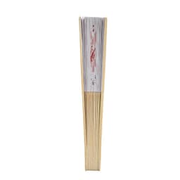 A custom printed fan with a wooden handle and printed paper blades in a stacked arrangement.