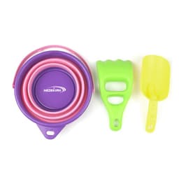 A foldable sand bucket set in purple, pink, and green, featuring a bucket, a shovel, and a rake. Includes a logo.