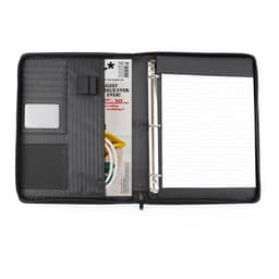 A black zippered binder padfolio with a notebook, card slots, and a clear pocket for documents.