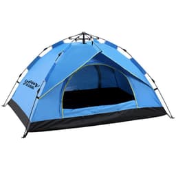 A blue and black two-person fully automatic camping tent with an open entrance and a logo on it.