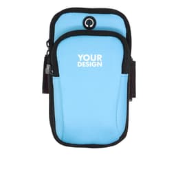 A blue neoprene sports arm bag featuring a black trim and a logo area for custom design.