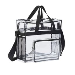 A clear tote bag with black straps, featuring a main compartment and a smaller zippered pocket.