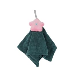 A soft, teal hand towel with a pink star-shaped topper and a hanging loop. The towel has a decorative stitching design.