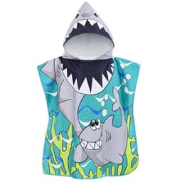A kids' microfiber hooded towel featuring a shark design, in shades of blue and grey, with a hood at the top.