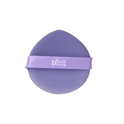 A purple double-sided air cushion puff with a lavender ribbon strap and a logo.