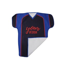 A half sleeve jersey-shaped rally towel in navy blue and red with a logo or branding.