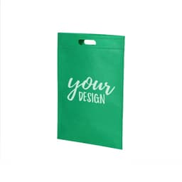 A green non-woven die cut bag with a handle and space for a custom design. It features a logo.