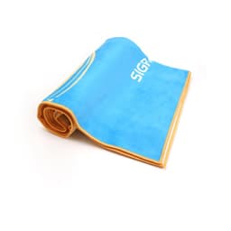 A blue poly-cotton beach towel with an orange trim and a logo. Rolled up and ready for use.