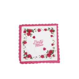 A vintage floral print cotton handkerchief featuring pink roses on a white background with scalloped edges.
