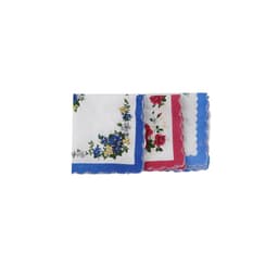 A set of vintage floral cotton handkerchiefs in blue, red, and white with intricate designs and scalloped edges.